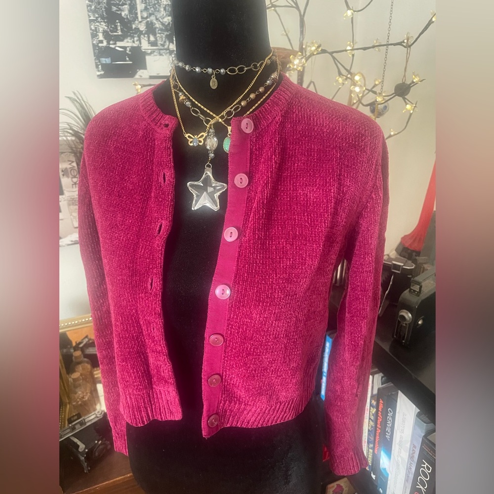 Vintage GAP chenille knit crop cardigan - magenta/pink 90’s grunge
